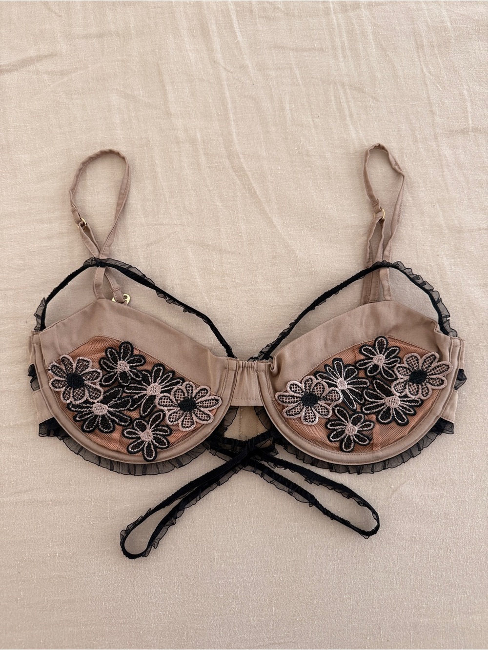 For Love And Lemons Floral Balconette Silk Bra Nude Black Medium